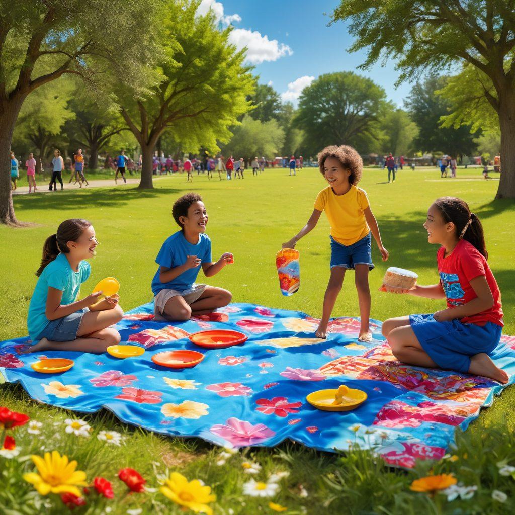 A joyful scene depicting a diverse group of children playing outdoors in a sunny Texas park, surrounded by vibrant wildflowers and a blue sky. Include a caring pediatrician interacting with the children, showcasing elements of health and wellness through playful activities, like a picnic with healthy snacks and fun games. Emphasize warmth, joy, and a sense of community. bright colors. cheerful atmosphere. 3D.