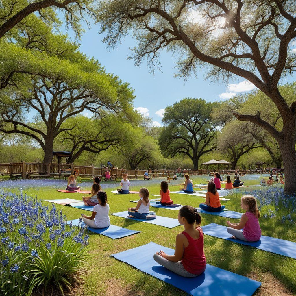 A vibrant scene depicting a diverse group of Texas parents engaged in holistic activities with their children in a sunny park, showcasing activities like yoga, organic cooking, and nature exploration. Integrate symbols of health and wellness, such as fruits, herbs, and playful animals, to emphasize a natural approach to childhood health. Incorporate elements of Texan culture, like bluebonnets in the background and elements of local architecture. The overall atmosphere should convey joy, connection, and wellness. super-realistic. vibrant colors. bright blue sky.
