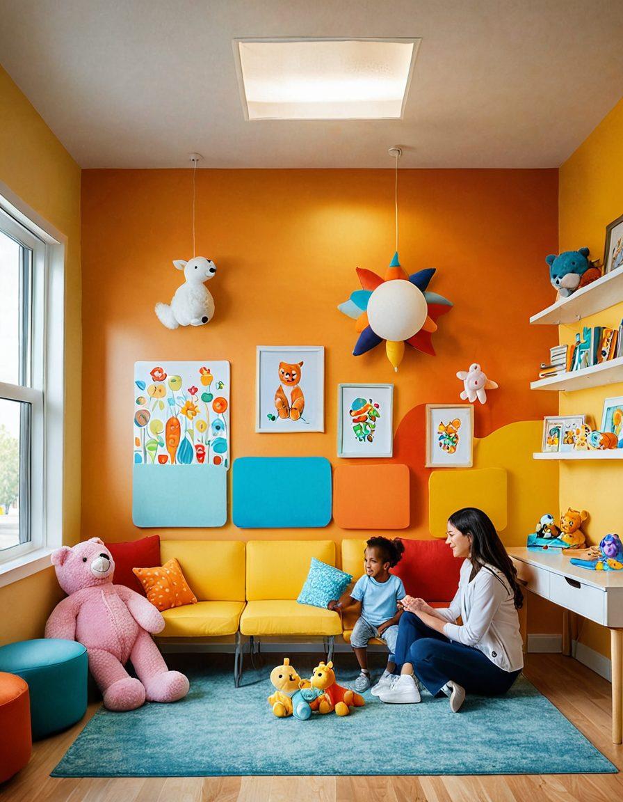 A warm and inviting pediatric clinic, featuring a caring healthcare professional gently examining a happy child. Surround them with colorful, playful wall decorations and plush toys, representing a nurturing environment. Include a cozy waiting area with cheerful parents and kids, radiating health and happiness. Sunlight streams through a window, casting a comforting glow. vibrant colors. super-realistic.